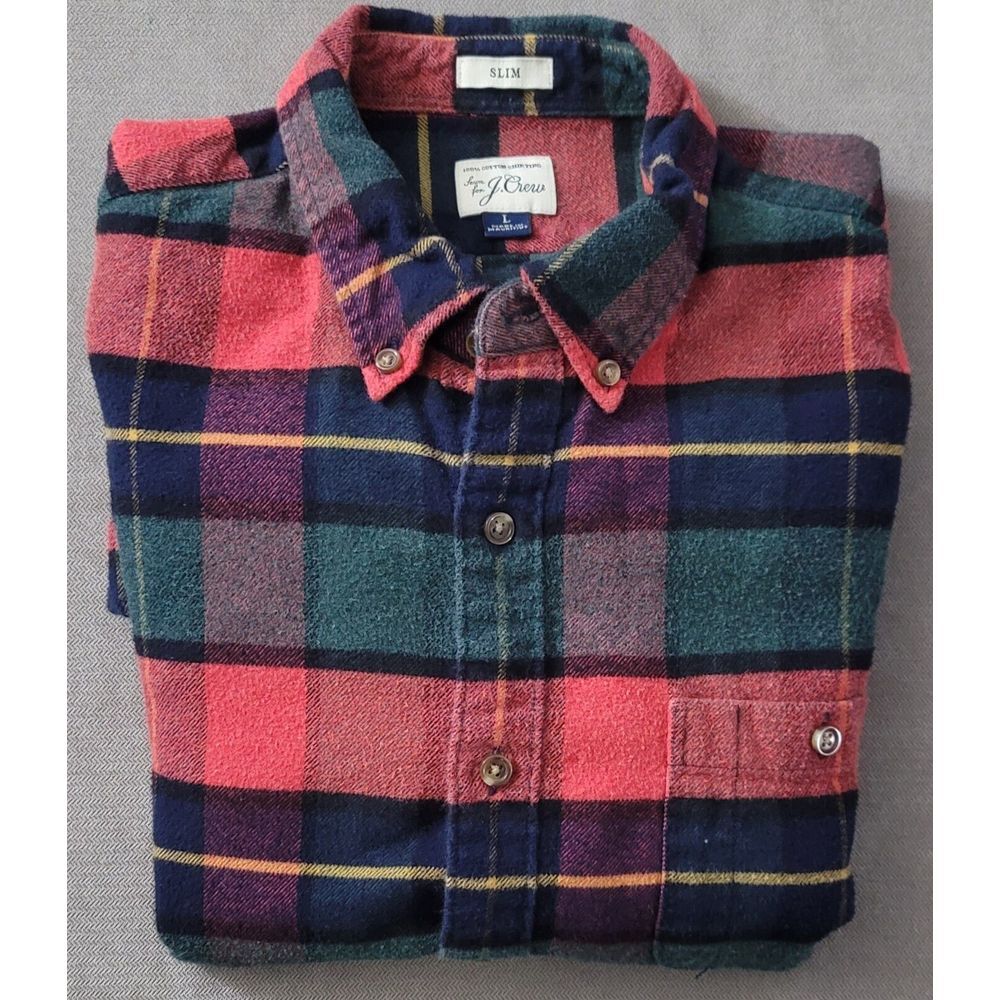 J. Crew Men's Red‎ Green Slim Fit Long Sleeve Flannel Button Up Shirt Size Large